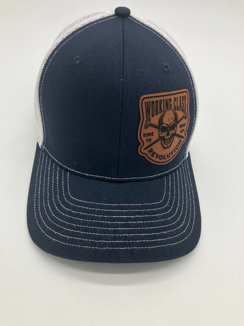Working Class Revelution Truckers Cap With Leather Patch Navy‎ White
